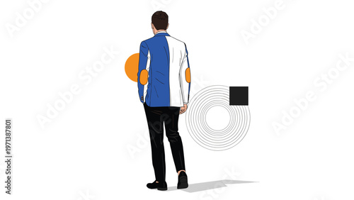 Back view of a stylish man in a blue and white blazer standing in an abstract space with geometric shapes and lines.
