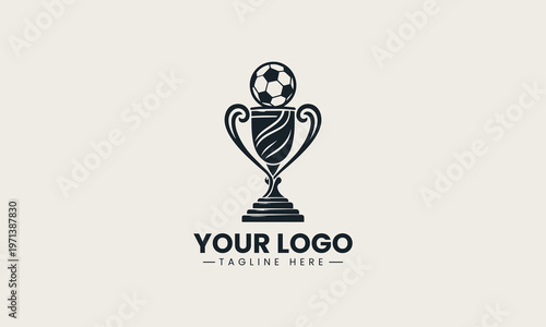 Black soccer trophy with ball on top is presented as elegant monochrome vector logo on clean white background for sports competition and championship branding use