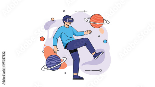 Young man wearing virtual reality headset explores immersive digital galaxy with colorful planets in stylized space.