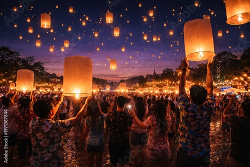Crowd releasing sky lanterns at night during Songkran festival