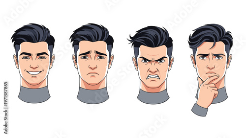 Male character head set displaying four distinct facial expressions including happy sad angry and thoughtful moods.