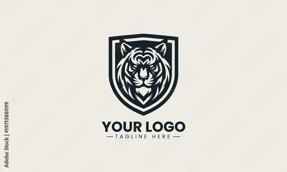 Obraz premium Black tiger head inside shield shape is presented as strong monochrome vector logo on clean white background for sports and security branding use