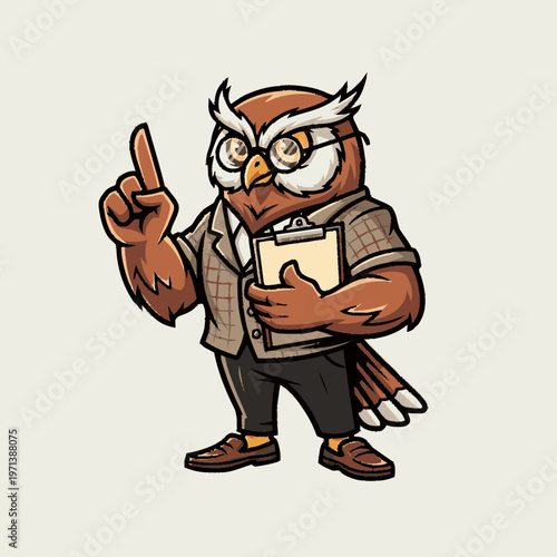 Wise cartoon owl character with glasses and clipboard pointing up, ideal for education, advice, or smart business concepts.