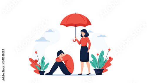 Compassionate woman offering support by holding red umbrella over depressed man sitting alone in rainy weather.