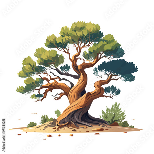 Vibrant illustration of a stylized tree with textured bark and lush green foliage