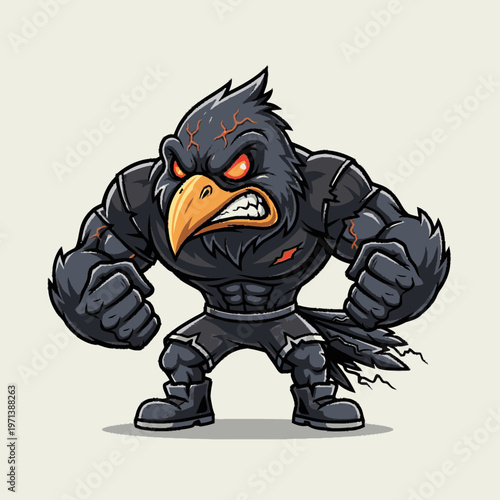 Powerful muscular black crow mascot with intense red eyes, aggressive strong cartoon character illustration for gaming or sports