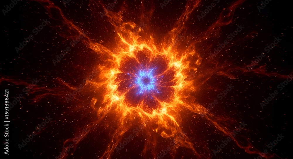 Fototapeta premium Abstract Fiery Explosion with Blue Core and Cosmic Dust