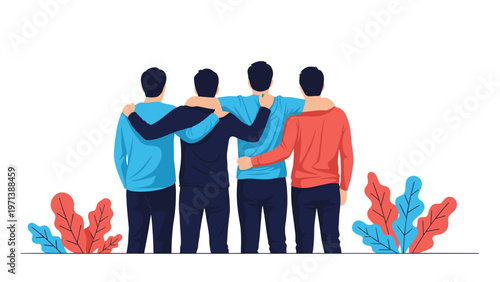 Group of four diverse male friends standing together with arms around each other as symbol of friendship and unity.