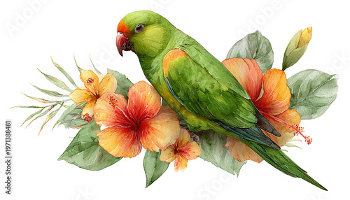 Ilustración acuarela de loro verde tropical posado entre vibrantes flores de hibisco y hojas exóticas.