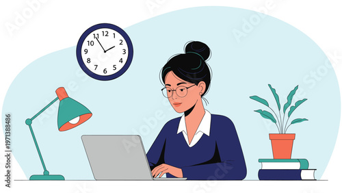 Focused professional woman working late on laptop at organized desk with desk lamp and wall clock.