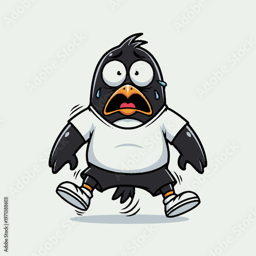 Cartoon frightened black bird character stumbling, wide-eyed and sweating with an expression of fear, panic, and anxiety