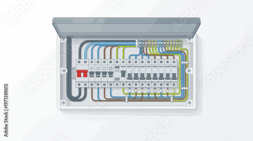 Electrical Circuit Breaker Panel Vector Illustration with Colorful Wiring and Switches