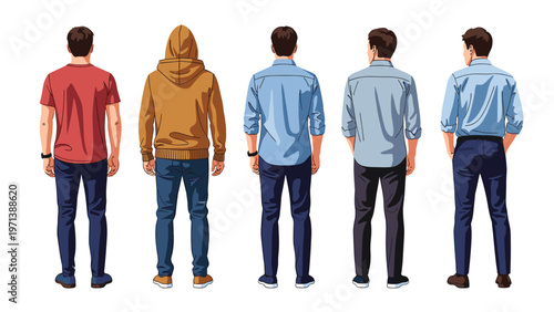 Back view of five men wearing various casual and smart clothing styles including t-shirt hoodie and shirts.