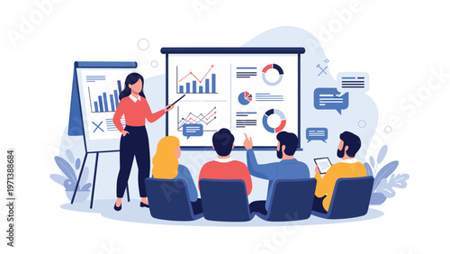 Professional businesswoman presenting data analysis charts and graphs to attentive audience in corporate meeting.