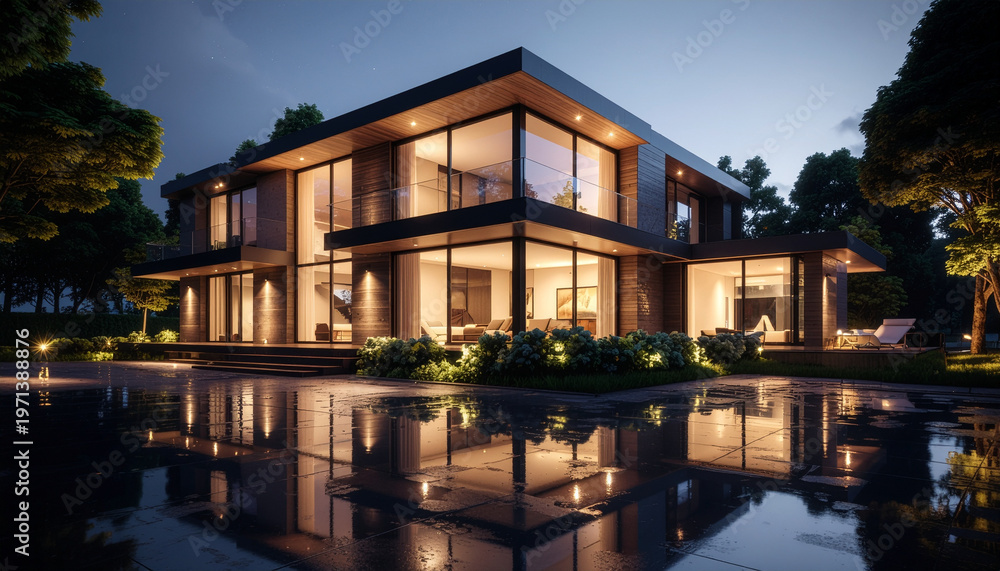 Fototapeta premium Modern house exterior at night