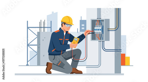 Professional Electrician Technician Testing Electrical Panel with Multimeter at Construction Site Illustration