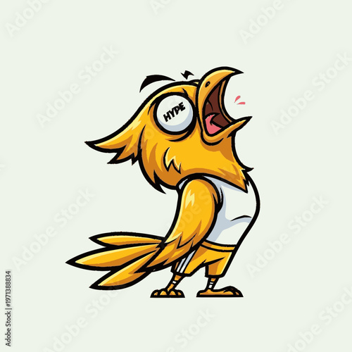 Playful cartoon yellow bird mascot character with open beak, shouting excitedly, showing "HYPE" on its eye. Vector illustration of enthusiasm.