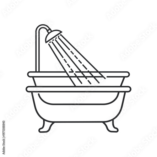 Classic clawfoot vector bathtub with an overhead shower spraying water inside