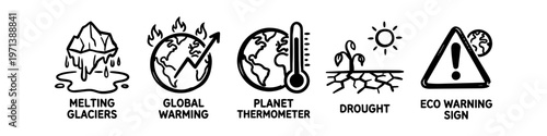 Set of hand-drawn climate change icons including melting glaciers, global warming, planet thermometer, drought, and eco warning sign. Minimalist black line art illustration on white background.