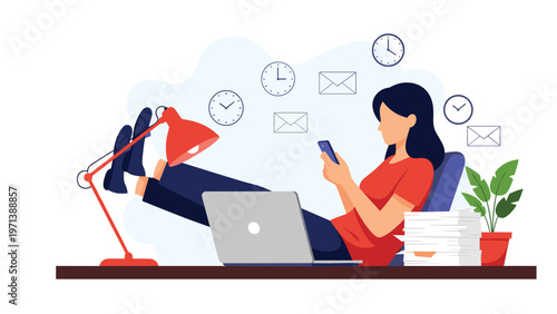 Woman taking break at work by relaxing at desk with feet up while using smartphone and surrounded by tasks.