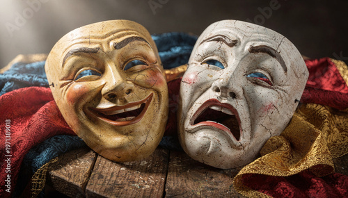 Dramatic Comedy and Tragedy Masks on Fabric - Rustic Wood Background