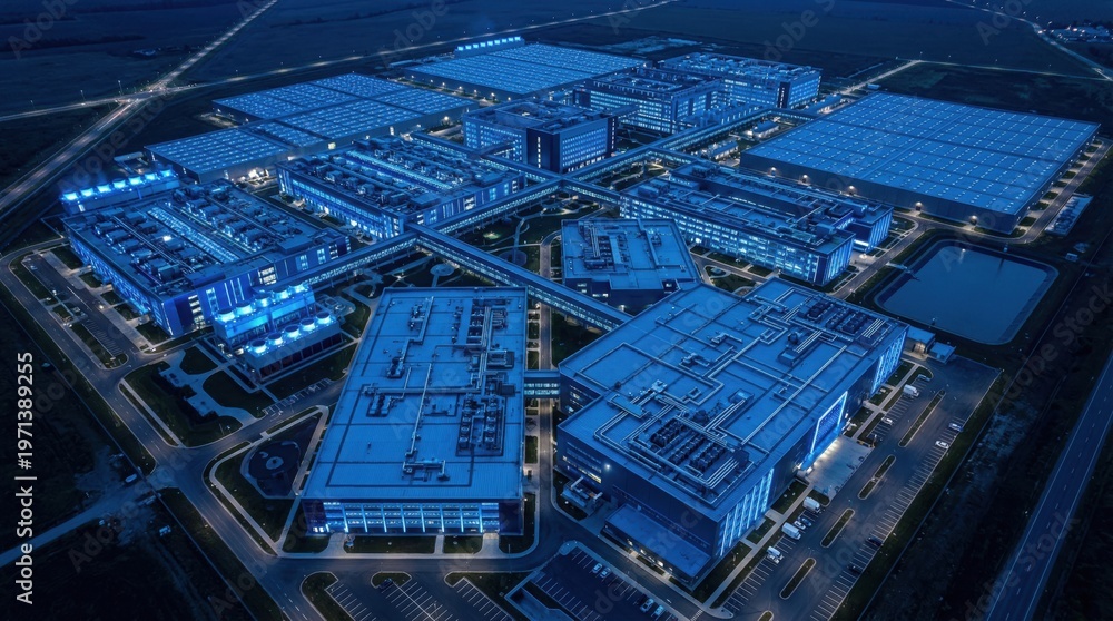 Fototapeta premium Aerial night view of modern data center complex with illuminated server buildings and cyber infrastructure