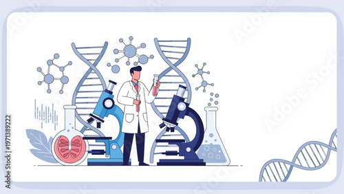 Scientist conducting medical research in laboratory with microscopes dna helix and virus models for biology study.