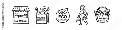 Eco-friendly shopping icon set featuring hand-drawn doodles of an eco market, organic products, sustainable labeling, a person with reusable bags, and a basket of natural goods.