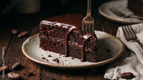 Foto A slice of rich chocolate layer cake on a plate, featuring a fork and dark, moody lighting