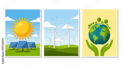 Illustrations of clean renewable energy solar, wind, and Earth protection, symbolizing a sustainable future