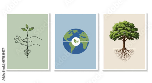 Collection of Eco-Conscious Graphic Art Visualizing Earth's Sustainable Future, Environmental Growth, and Ecological Harmony Concepts