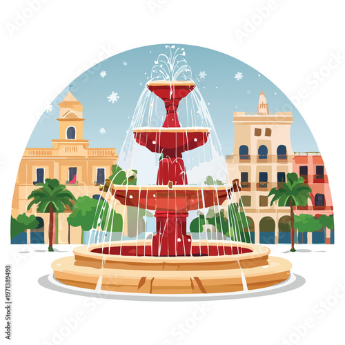 Cartoon fountain illustration with buildings and greenery in a stylized urban landscape