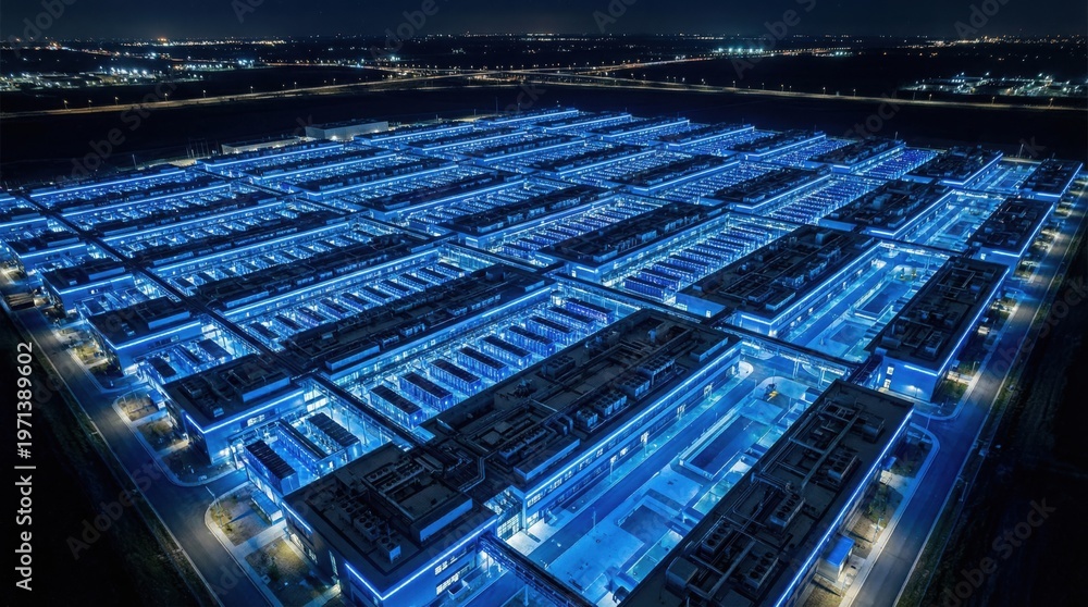 Obraz premium Aerial night view of illuminated modern data center complex with blue lighting and server infrastructure