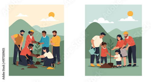 Illustrations depicting diverse community members and loving families engaging in tree planting, promoting environmental protection and a healthy ecosystem for future generations