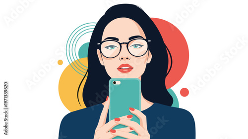 Young woman with glasses taking a selfie with a smartphone against a background of colorful abstract circles and geometric shapes.