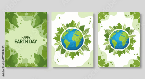 Vibrant Earth Day illustration set featuring our planet embraced by lush green foliage, promoting environmental protection, ecological awareness, and sustainability