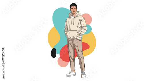 Young man wearing a beige hoodie and matching pants standing in front of colorful organic shapes for a modern fashion look.