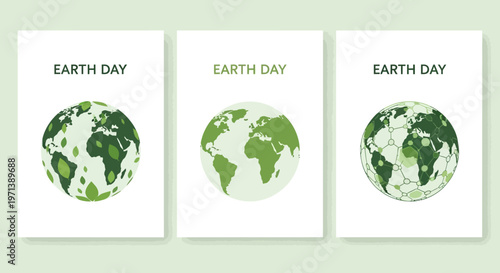 Collection of stylized Earth illustrations promoting global ecological awareness, sustainability, and environmental conservation concepts for a greener future