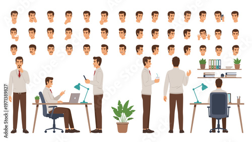 Professional male character set with multiple facial expressions and body poses suitable for business animations and office graphics.