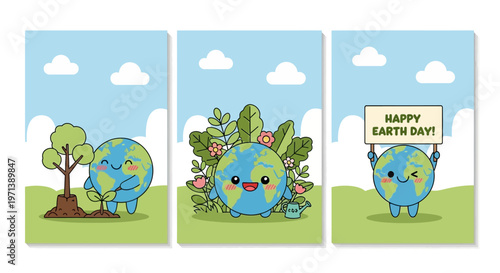 Adorable cartoon Earth characters celebrating environmental protection, tree planting, and global appreciation for a happy Earth Day