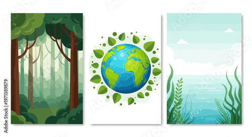 Green Earth Surrounded by Lush Leaves and a Verdant Forest with Trees and Ocean Waves Symbolizing Environmental Conservation and Nature's Beauty