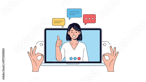 Woman appearing on a laptop screen giving a thumbs up surrounded by chat bubbles and positive hand gestures for online approval.