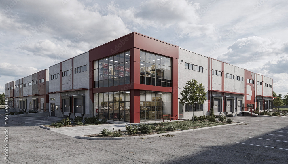 Naklejka premium Modern Commercial Warehouse Office Building Exterior with Red Accents