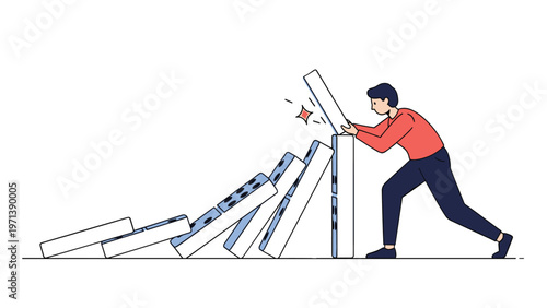 Determined man putting in effort to stop a falling row of giant dominoes representing risk management and crisis prevention strategy.