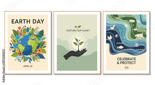 Earth Day celebrations and environmental awareness posters showcasing nurturing the planet, global growth, and aquatic ecosystems for a sustainable future