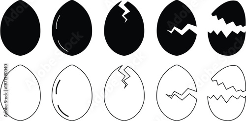 Easter egg icon set, vector. Broken Easter egg. Ester eggs shell. Egg shell and egg icons, featuring diverse graphic patterns arranged in a neat holiday collection, used for web page designs or mobile