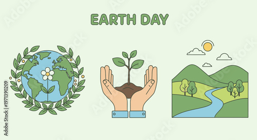 Sustainable Earth Day illustrations environmental protection, nurturing growth, and serene nature, emphasizing ecological awareness