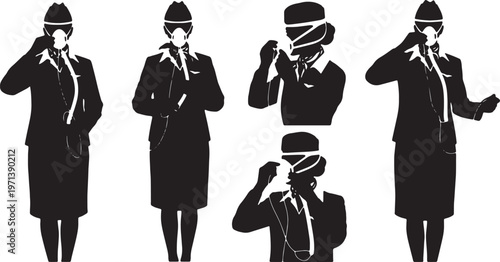 Black Solid Flight Attendants Safety Procedures Silhouettes Set of Six on White Background