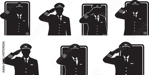 Black Solid Flight Captains Saluting Passengers Silhouettes Set of Six on White Background