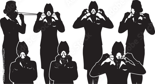 Black Solid Flight Attendants Safety Procedures Silhouettes Set of Six on White Background